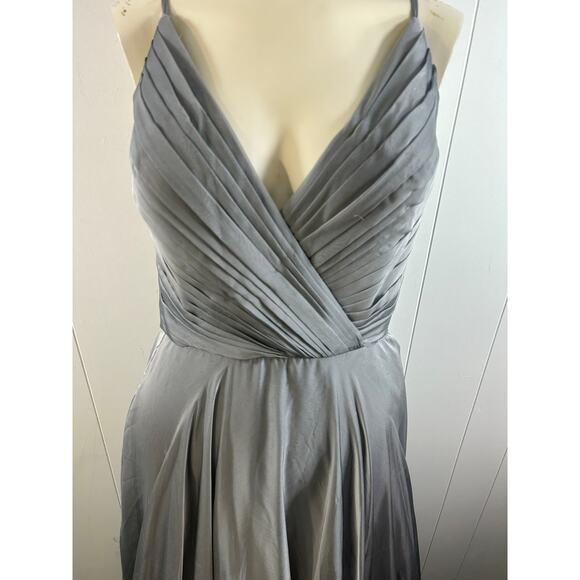 La Femme Chiffon Long Dress w/ pleated bodice w/ hidden zipper in Platinum. 
12 - Picture 3 of 11